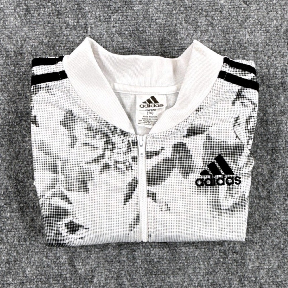 Adidas Girls XL 16 Track Jacket Floral Halftone Black White Full Zip 3-Stripe